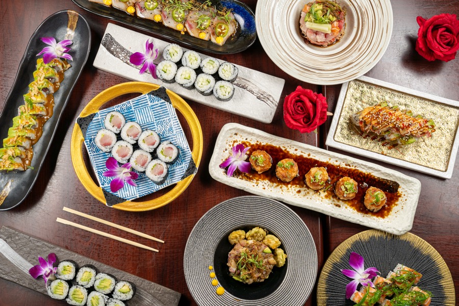 Table of sushi and small plates seen from above