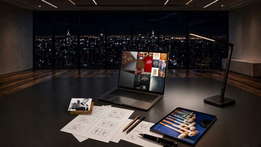 Design studio desk at night: laptop showing brand work for Gria, Salento and Scope, a tablet with a polo photo, sketches and a business card, with a city skyline behind