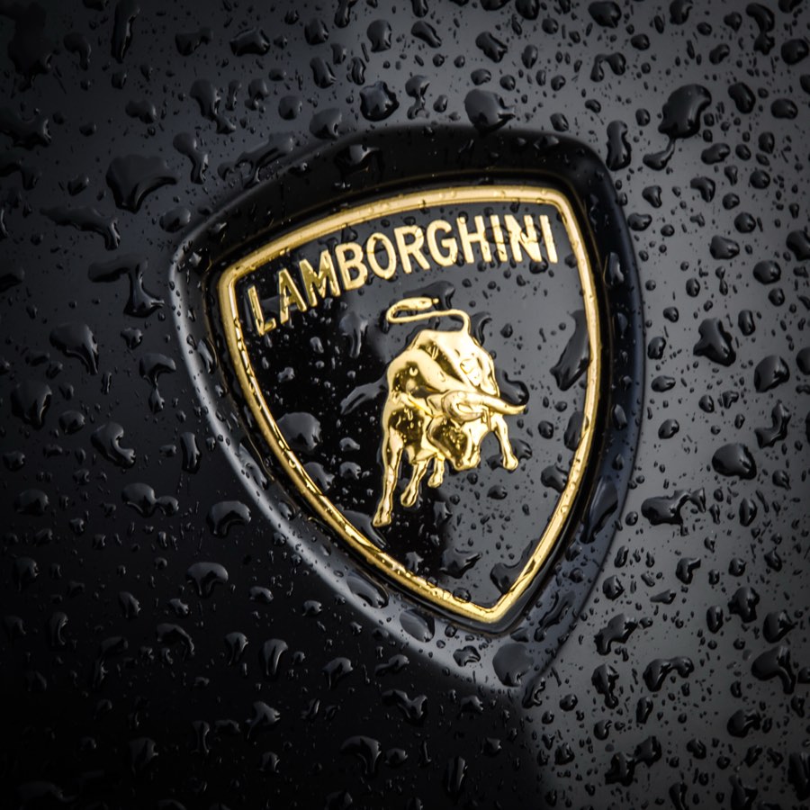 Emblema de Lamborghini cubierto de gotas de lluvia