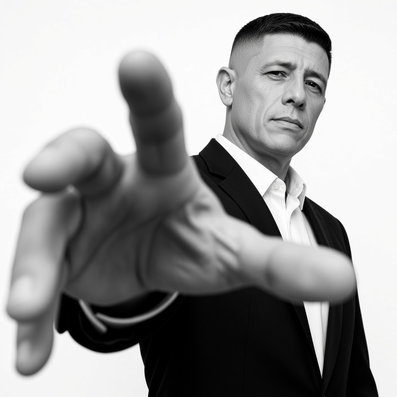 Enrique Arenas con traje negro extendiendo la mano hacia la cámara, retrato en blanco y negro