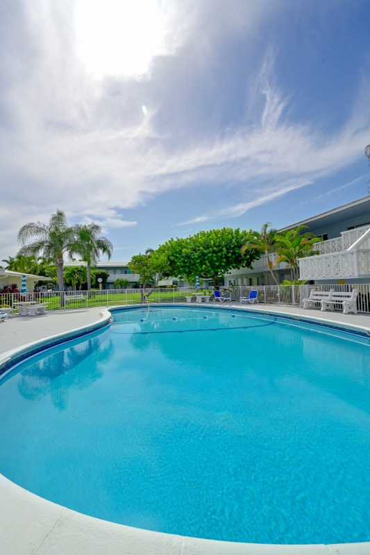Piscina de condominio rodeada de palmeras